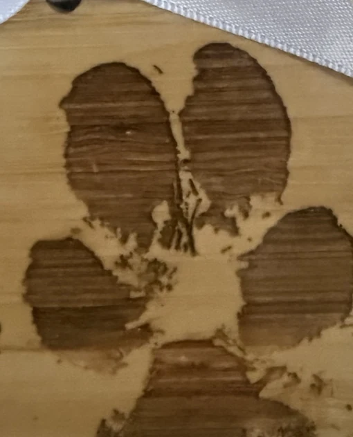 Cropped photograph of Chérie’s genuine memorial paw-print impression on wood