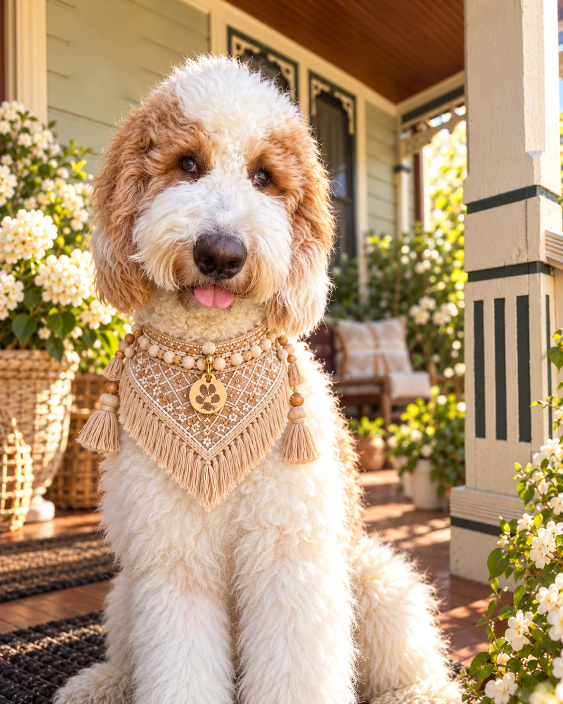 AI concept portrait of Mia, a cream and apricot Goldendoodle, modeling the bohemian wraparound collar.